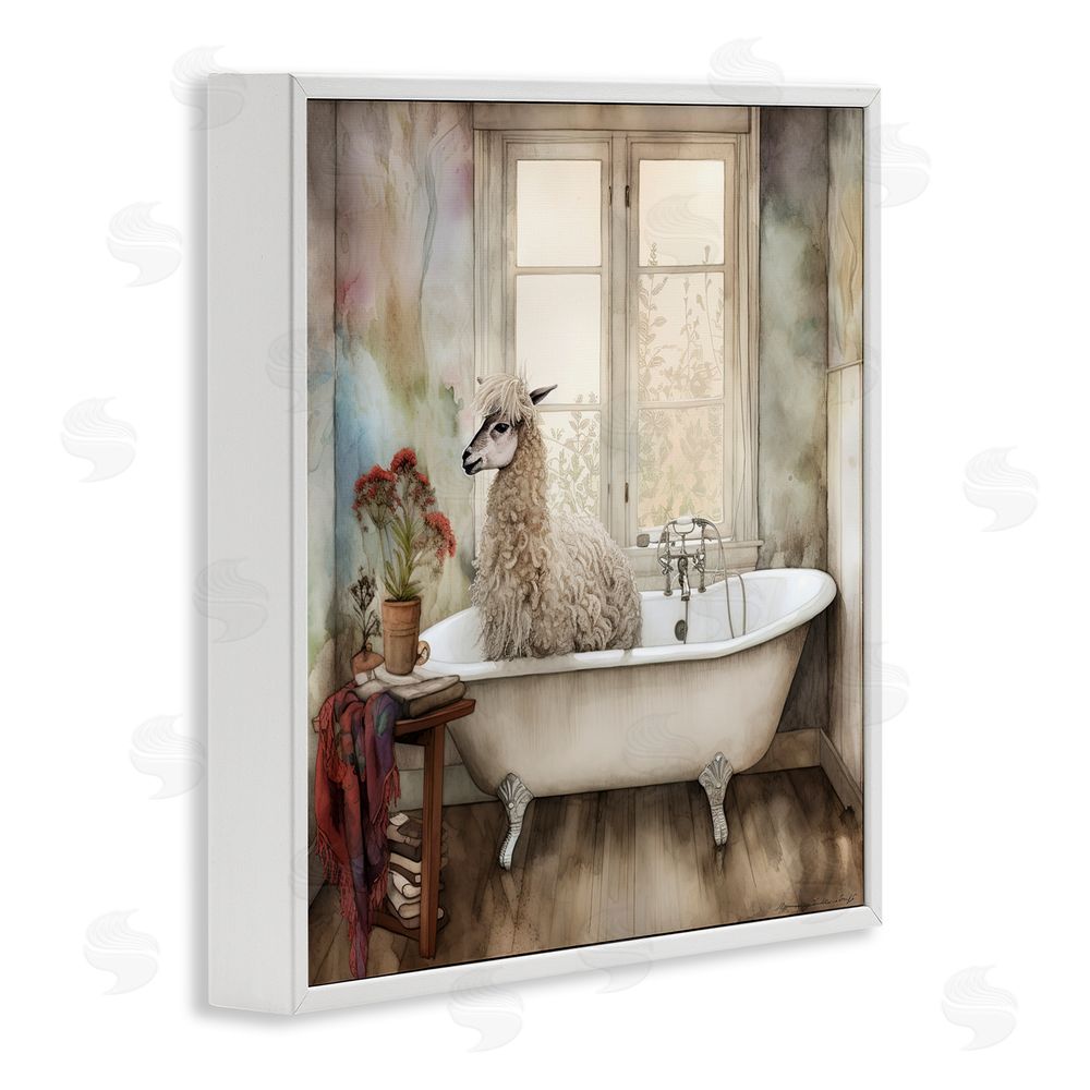 Sasha Shaggy Alpaca Bath Time White Framed Giclee Wall Art Print