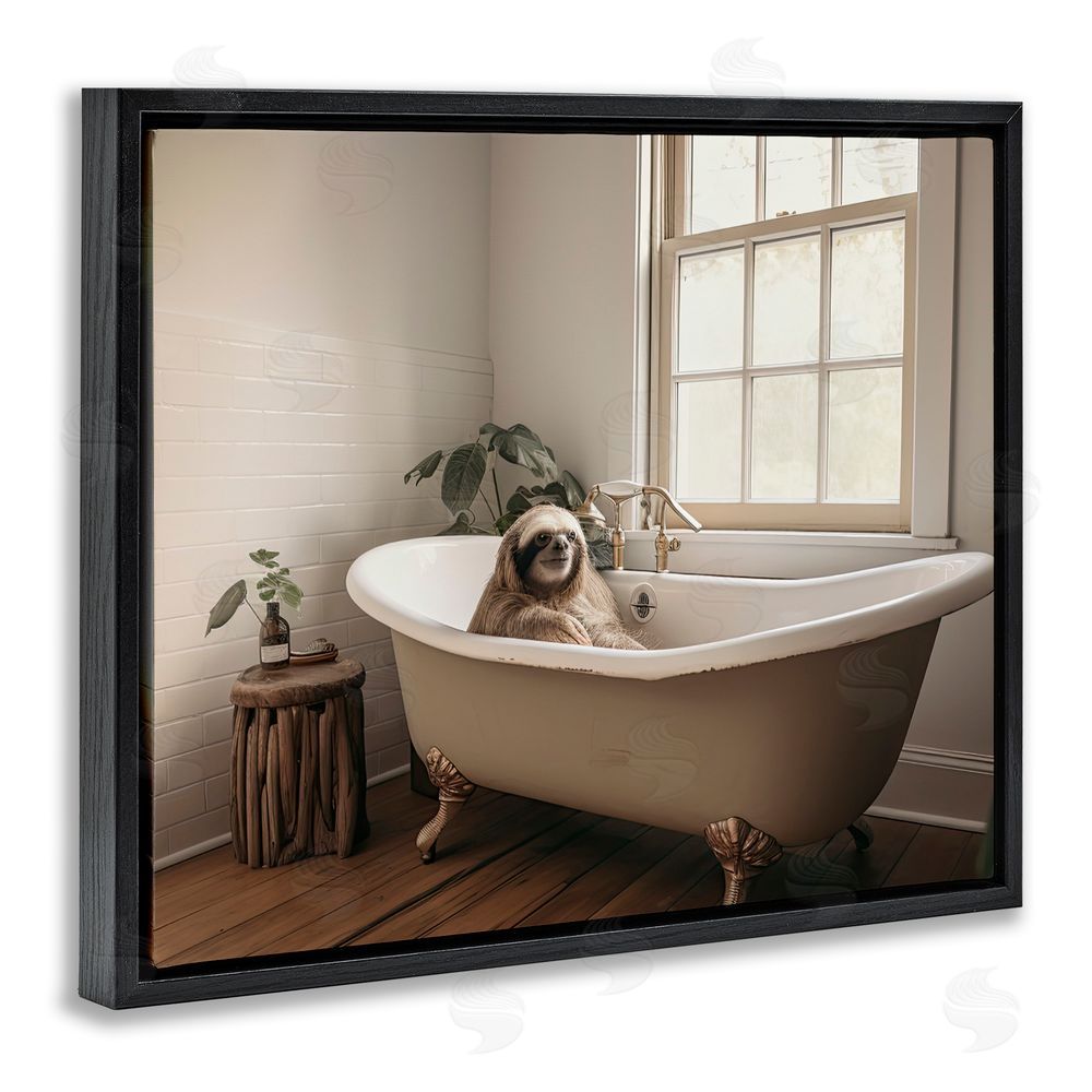 Sasha Soft Sloth Bath Time Black Floating Frame Canvas Wall Art Print