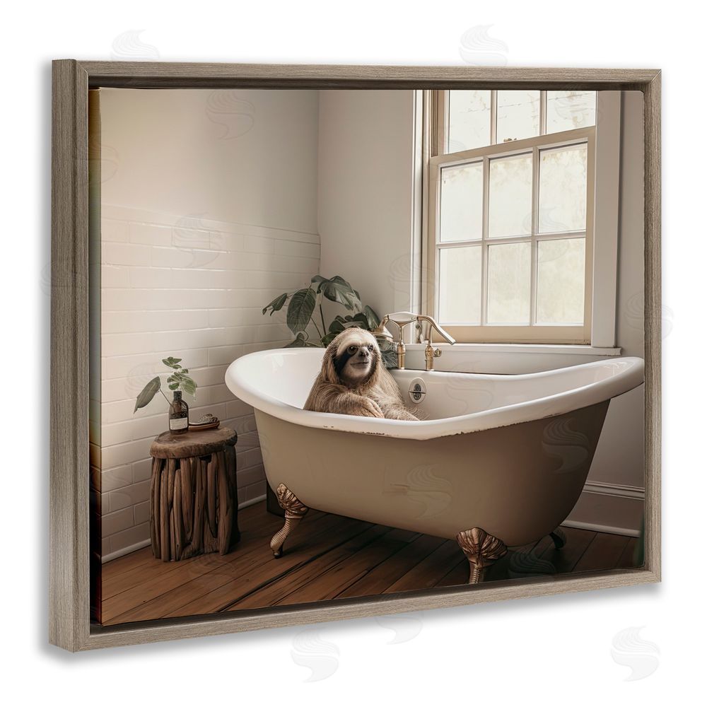 Sasha Soft Sloth Bath Time Brown Floating Frame Canvas Wall Art Print