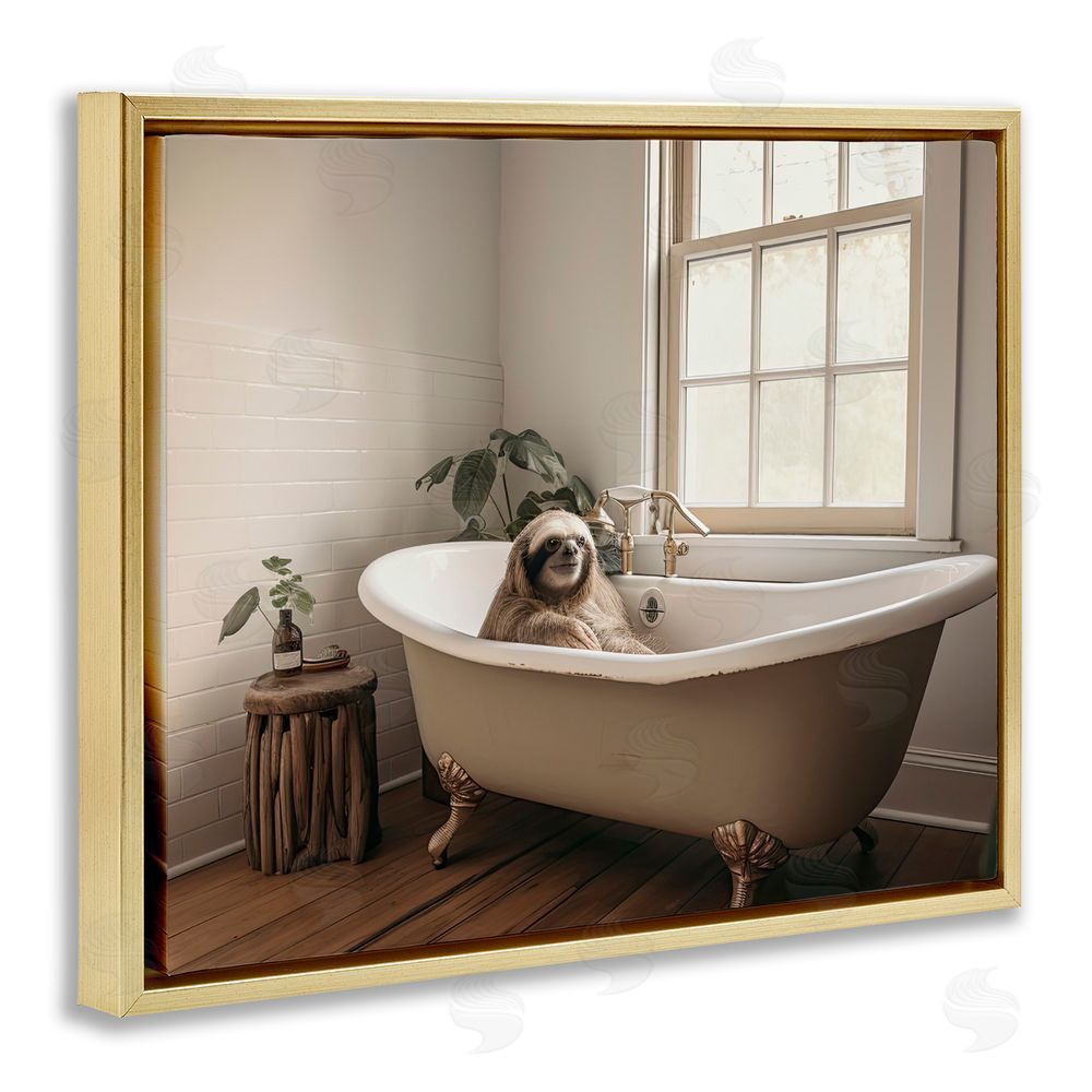 Sasha Soft Sloth Bath Time Gold Floating Frame Canvas Wall Art Print
