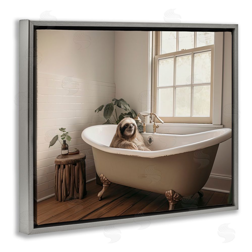 Sasha Soft Sloth Bath Time Gray Floating Frame Canvas Wall Art Print