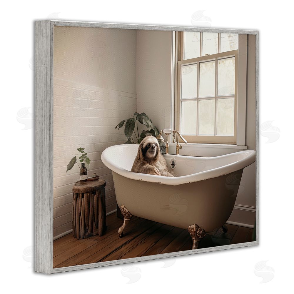 Sasha Soft Sloth Bath Time Gray Framed Giclee Wall Art Print