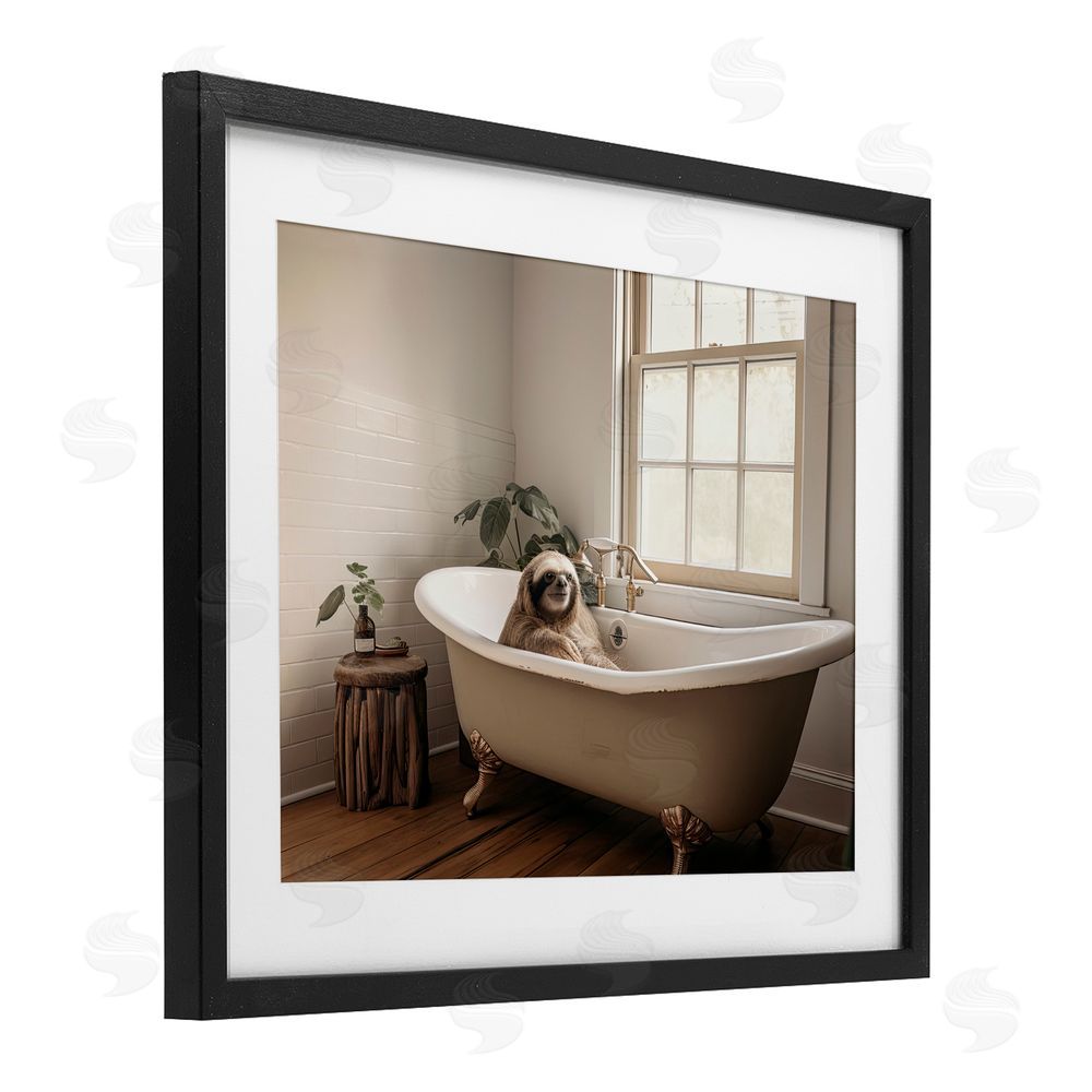 Sasha Soft Sloth Bath Time Black Framed Print Under Glass with White Mat Wall Art
