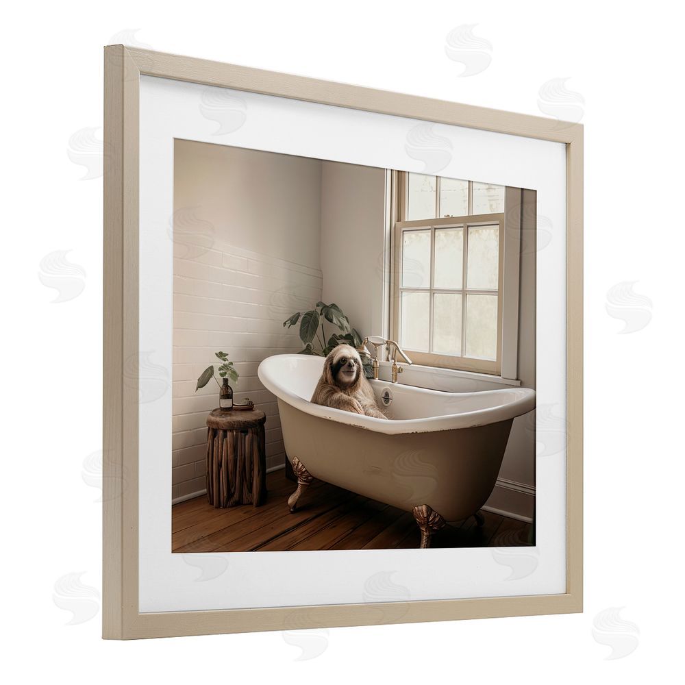 Sasha Soft Sloth Bath Time Birch Framed Print Under Glass with White Mat Wall Art