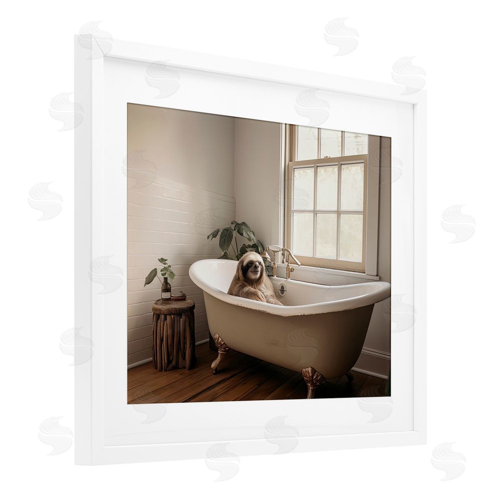 Sasha Soft Sloth Bath Time White Framed Print Under Glass with Mat Wall Art