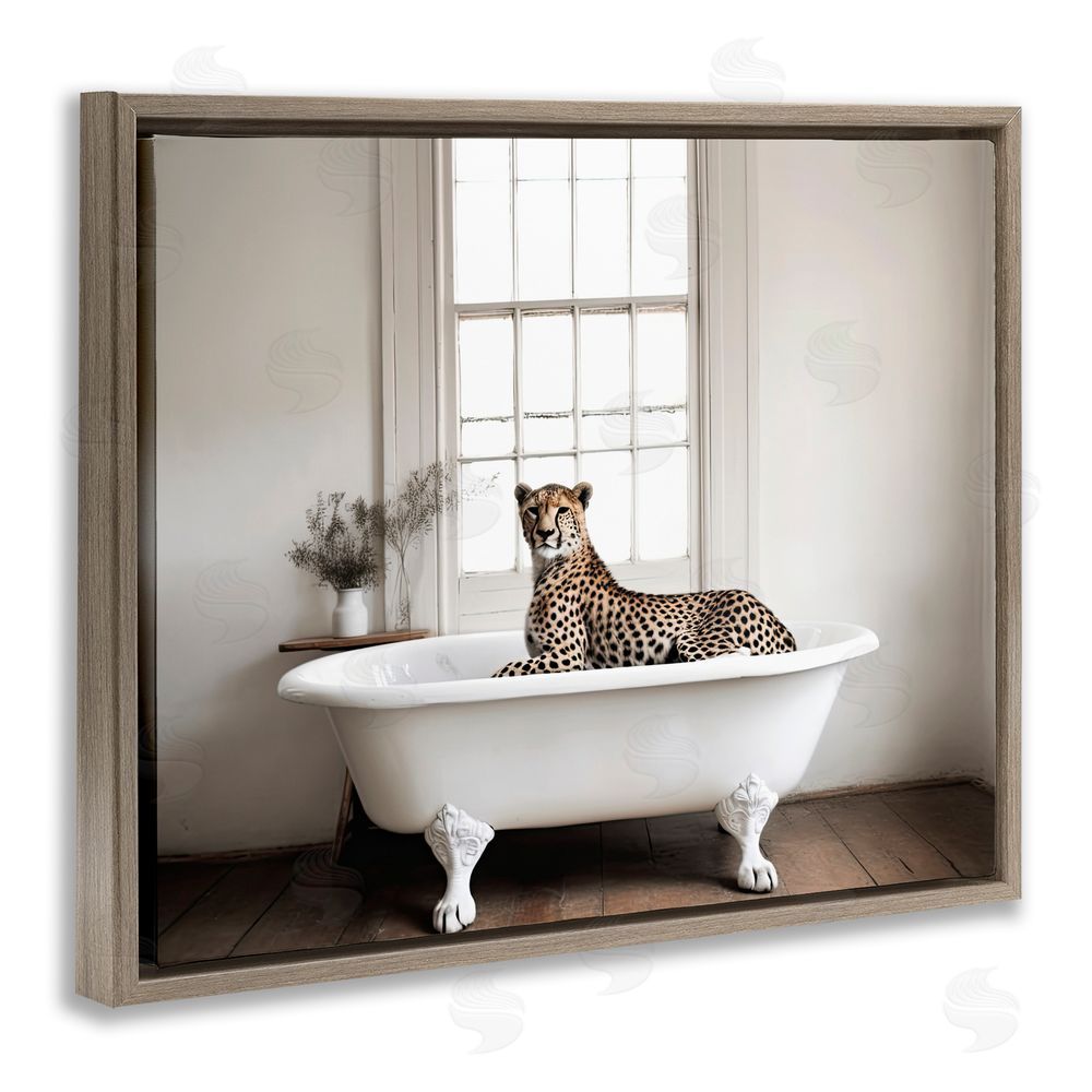 Sasha Big Cat Cheetah Bath Time Brown Floating Frame Canvas Wall Art Print
