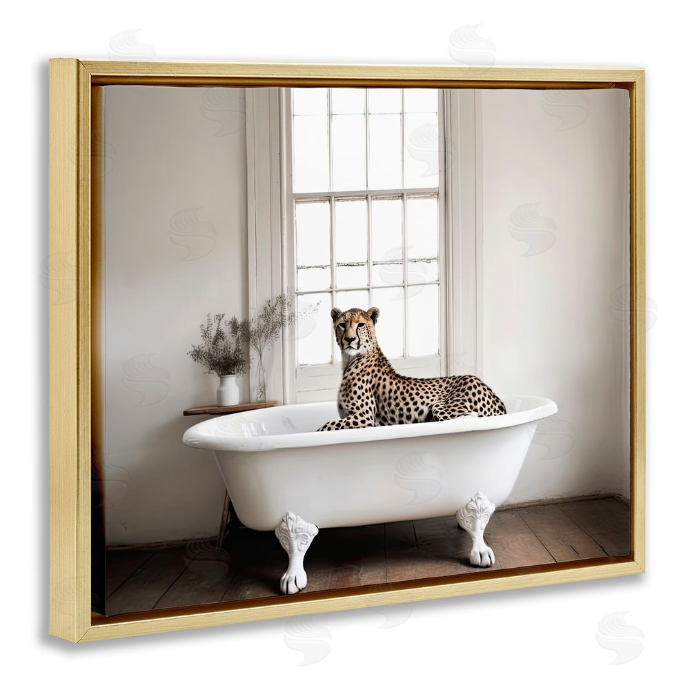 Sasha Big Cat Cheetah Bath Time Gold Floating Frame Canvas Wall Art Print