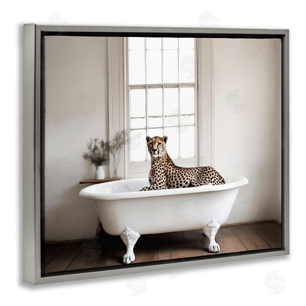 Sasha Big Cat Cheetah Bath Time Gray Floating Frame Canvas Wall Art Print