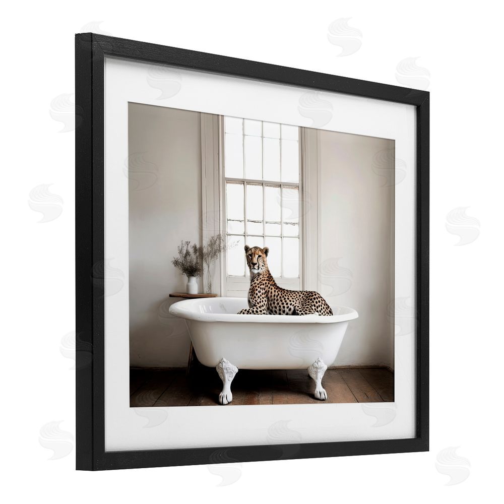 Sasha Big Cat Cheetah Bath Time Black Framed Print Under Glass with White Mat Wall Art