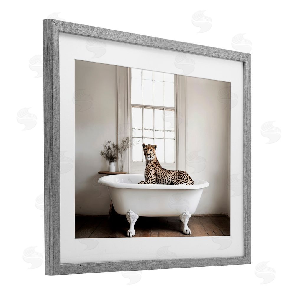 Sasha Big Cat Cheetah Bath Time Gray Framed Print Under Glass with White Mat Wall Art