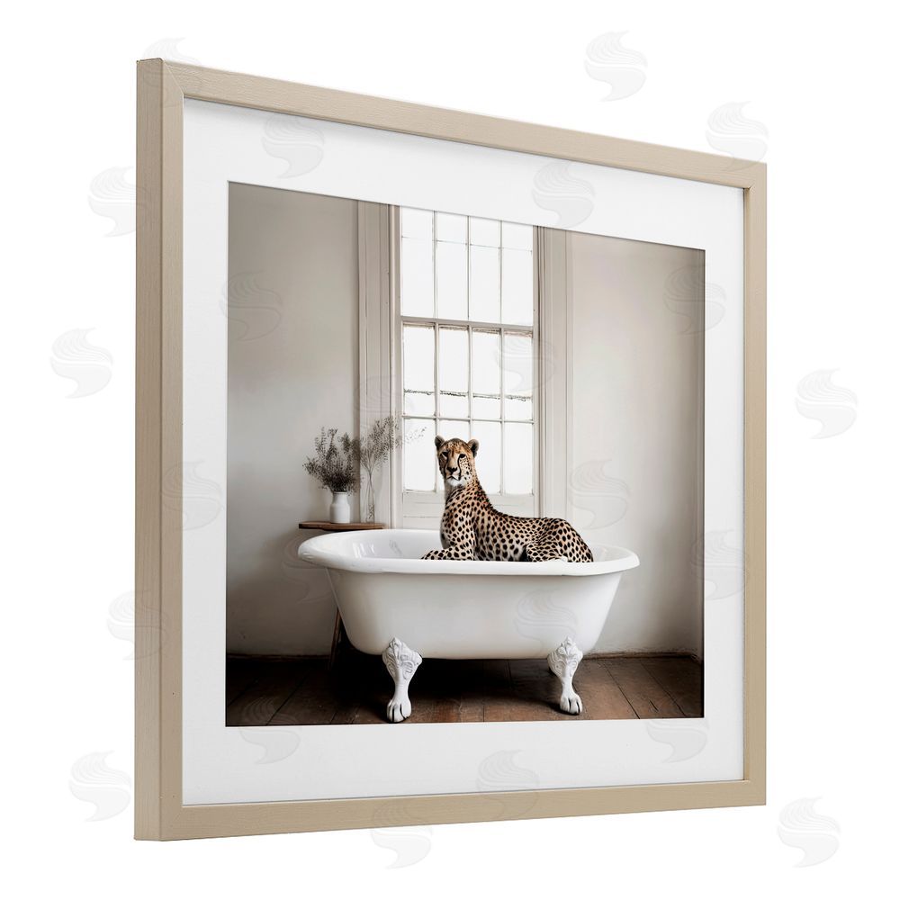 Sasha Big Cat Cheetah Bath Time Birch Framed Print Under Glass with White Mat Wall Art