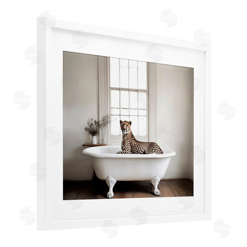 Sasha Big Cat Cheetah Bath Time White Framed Print Under Glass with Mat Wall Art