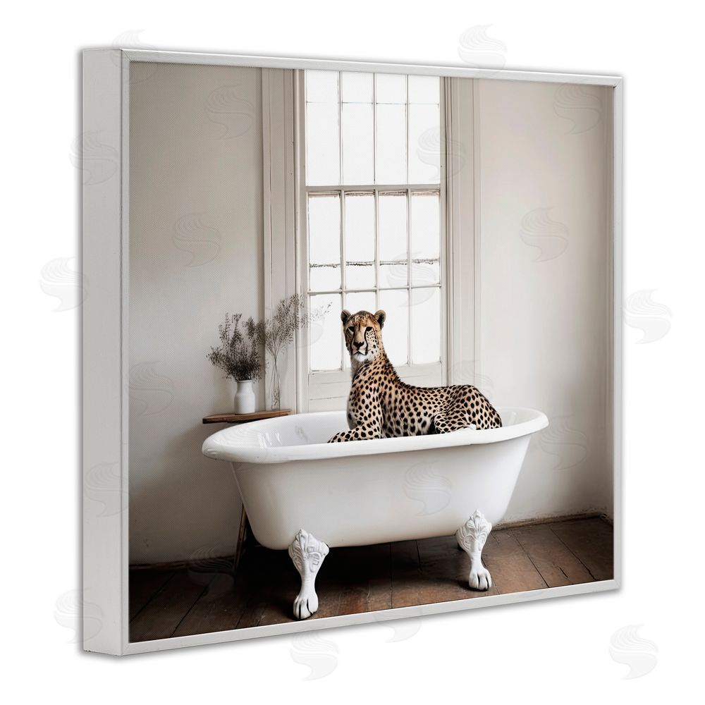 Sasha Big Cat Cheetah Bath Time White Framed Giclee Wall Art Print