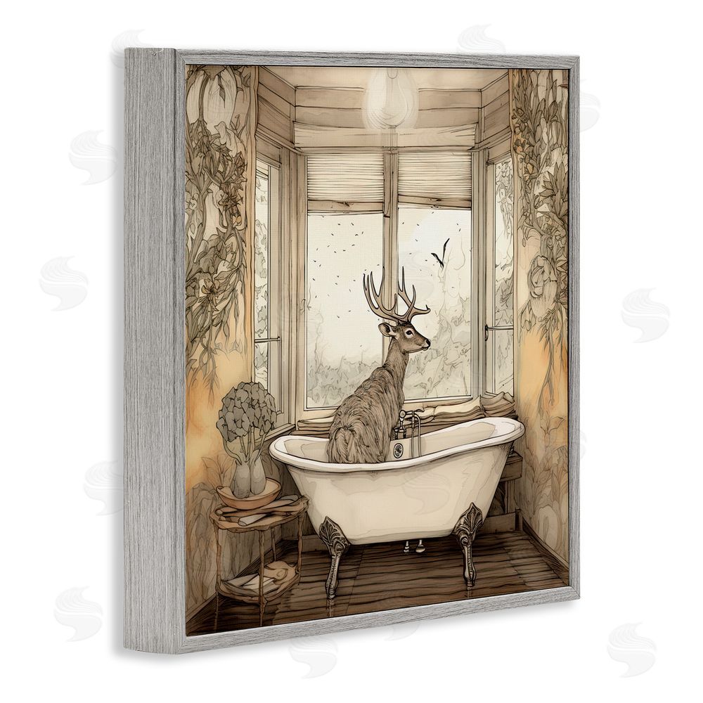 Sasha Buck with Antlers Bath Time Gray Framed Giclee Wall Art Print