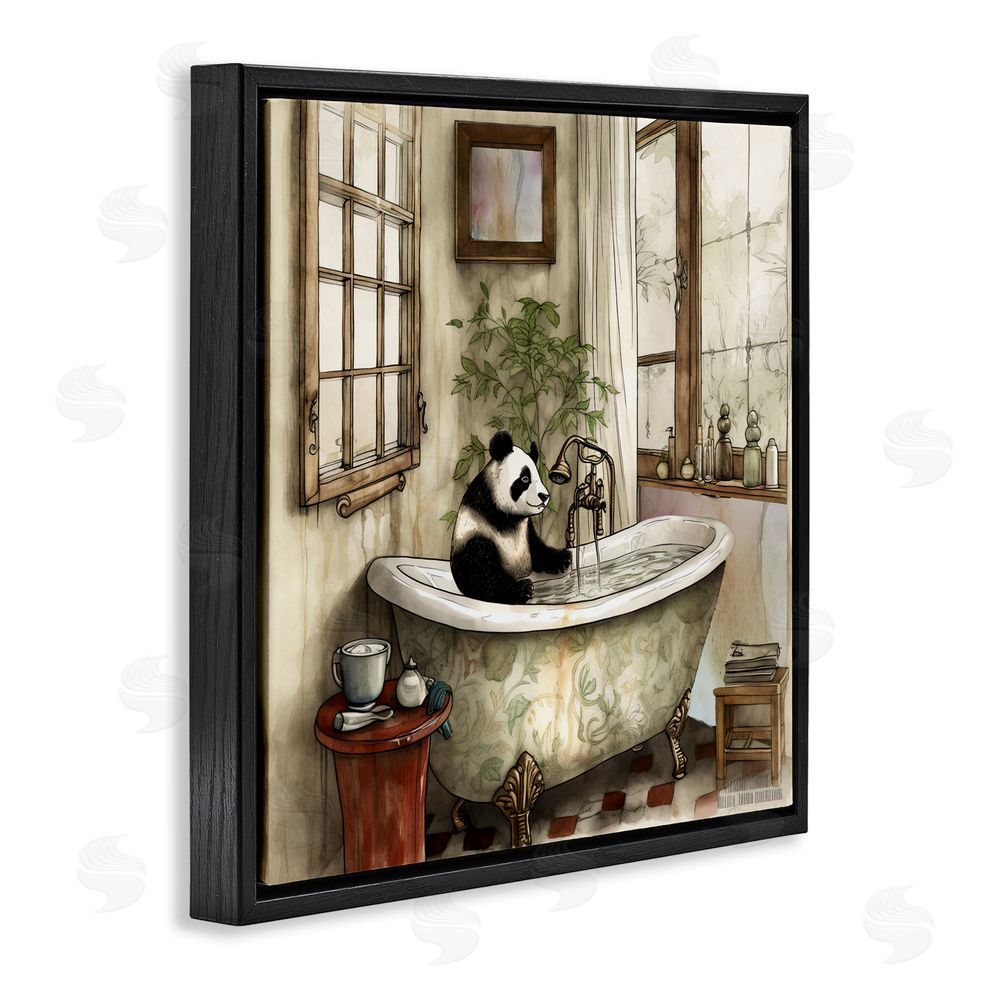 Sasha Panda Bear Bath Time Tub Black Floating Frame Canvas Wall Art Print