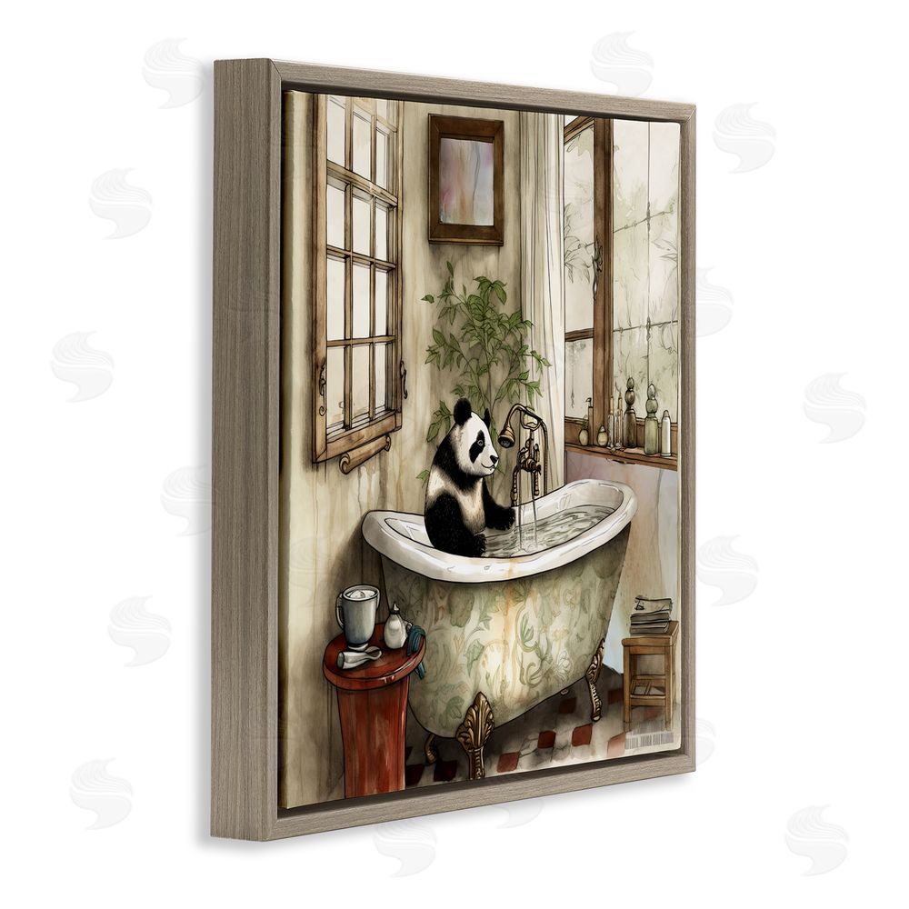 Sasha Panda Bear Bath Time Tub Brown Floating Frame Canvas Wall Art Print