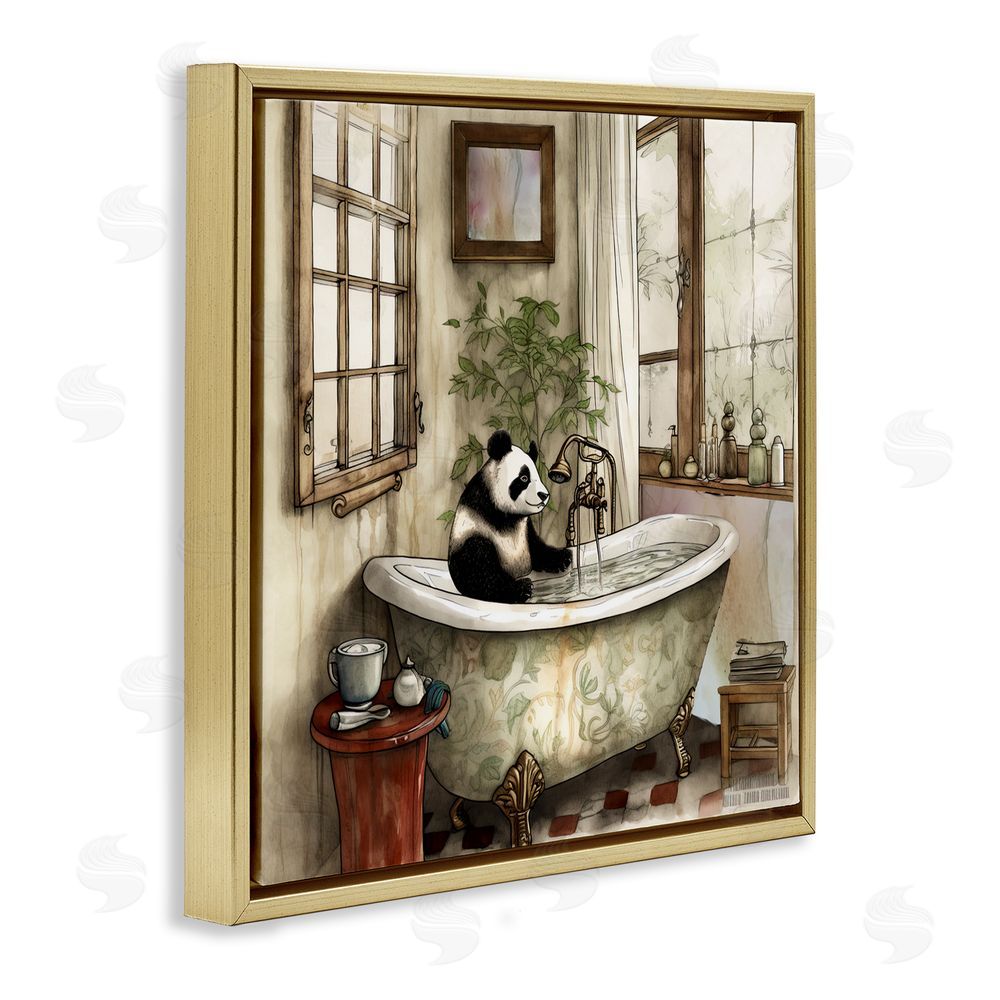 Sasha Panda Bear Bath Time Tub Gold Floating Frame Canvas Wall Art Print