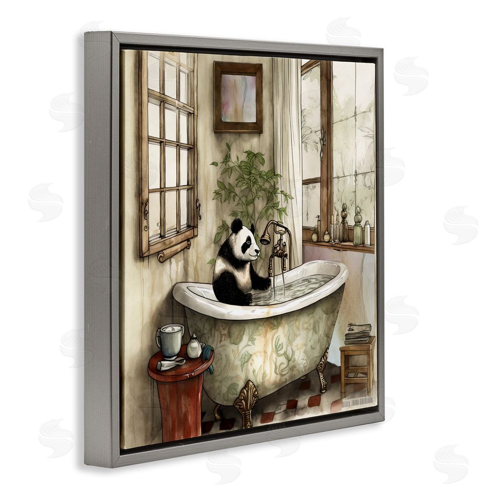 Sasha Panda Bear Bath Time Tub Gray Floating Frame Canvas Wall Art Print