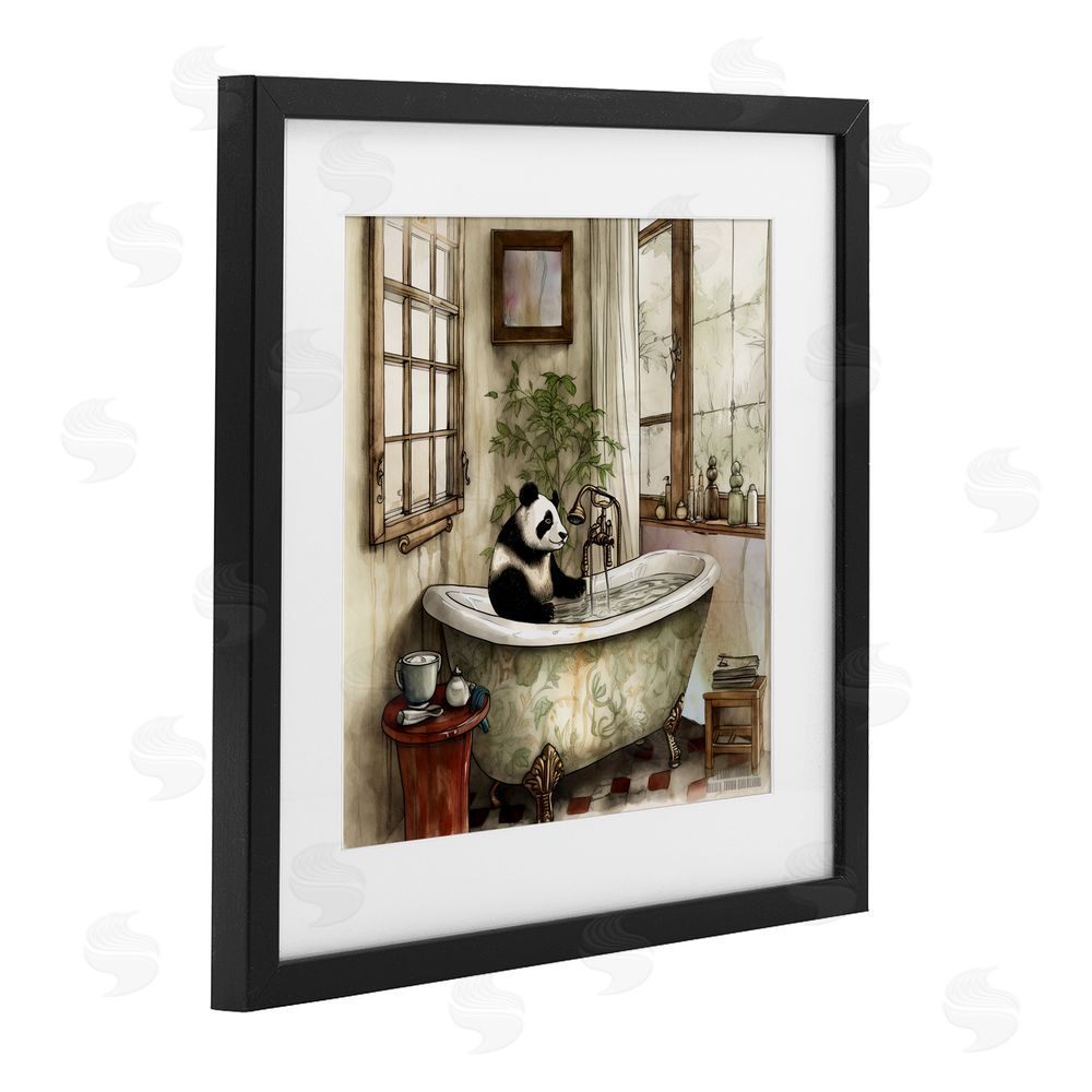 Sasha Panda Bear Bath Time Tub Black Framed Print Under Glass with White Mat Wall Art