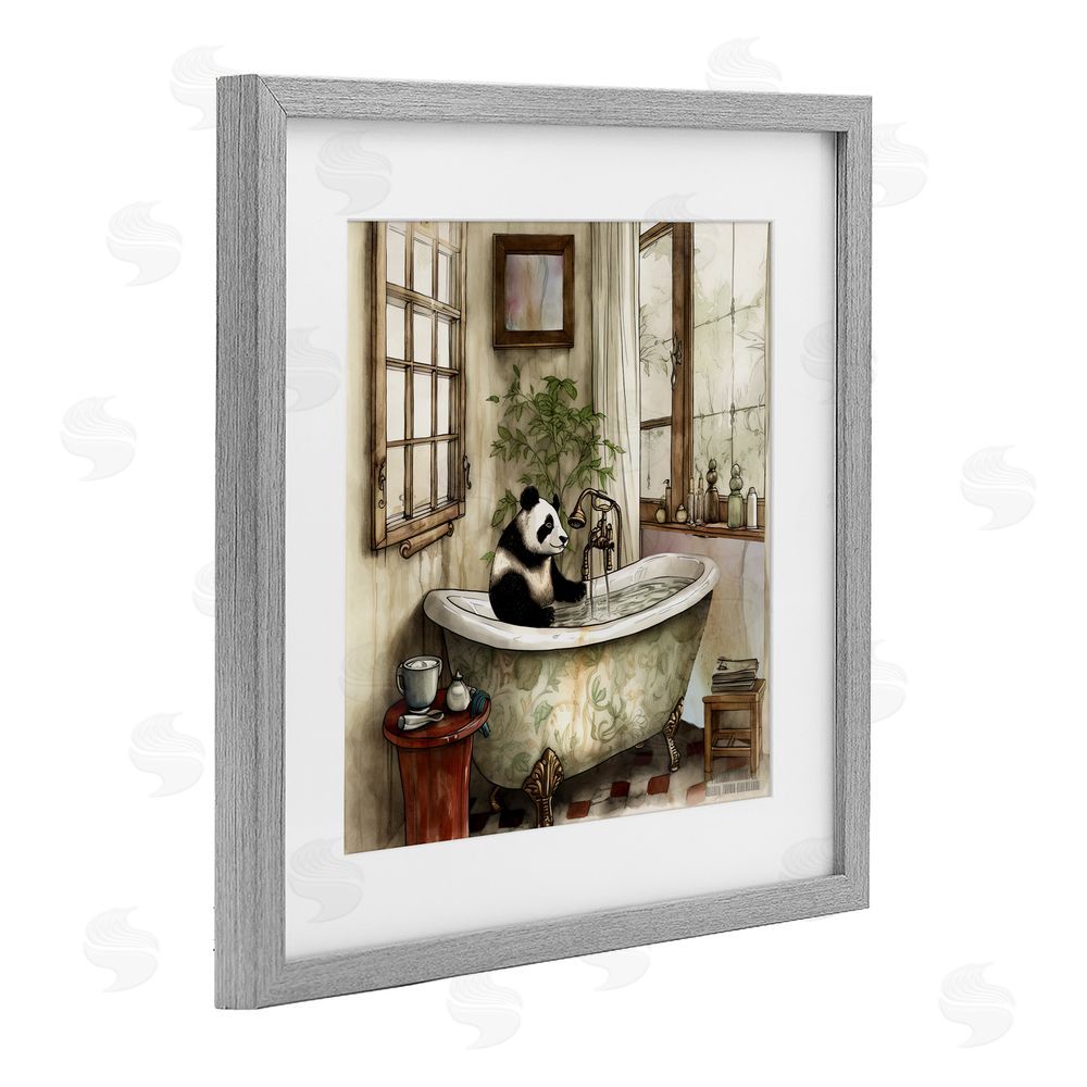 Sasha Panda Bear Bath Time Tub Gray Framed Print Under Glass with White Mat Wall Art