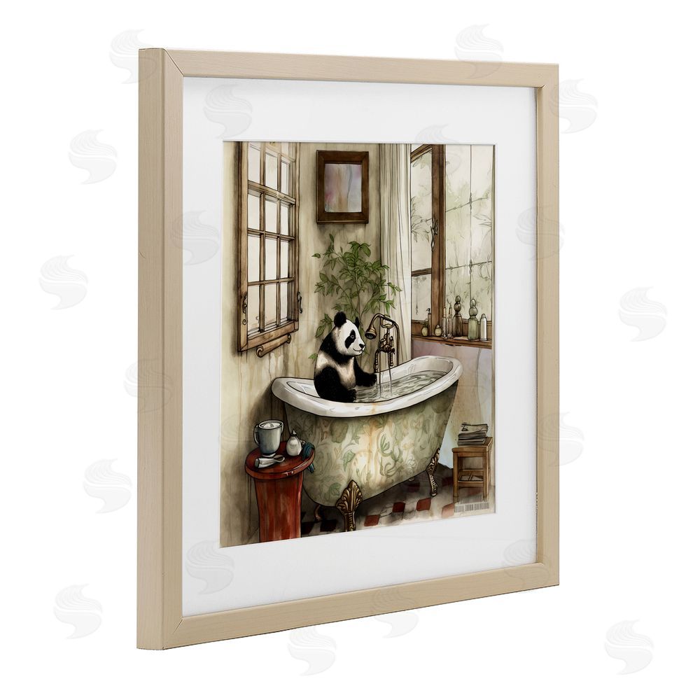 Sasha Panda Bear Bath Time Tub Birch Framed Print Under Glass with White Mat Wall Art