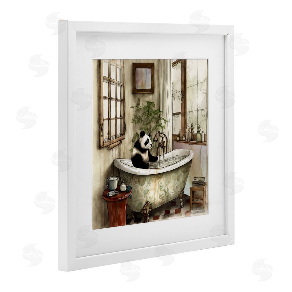 Sasha Panda Bear Bath Time Tub White Framed Print Under Glass with Mat Wall Art