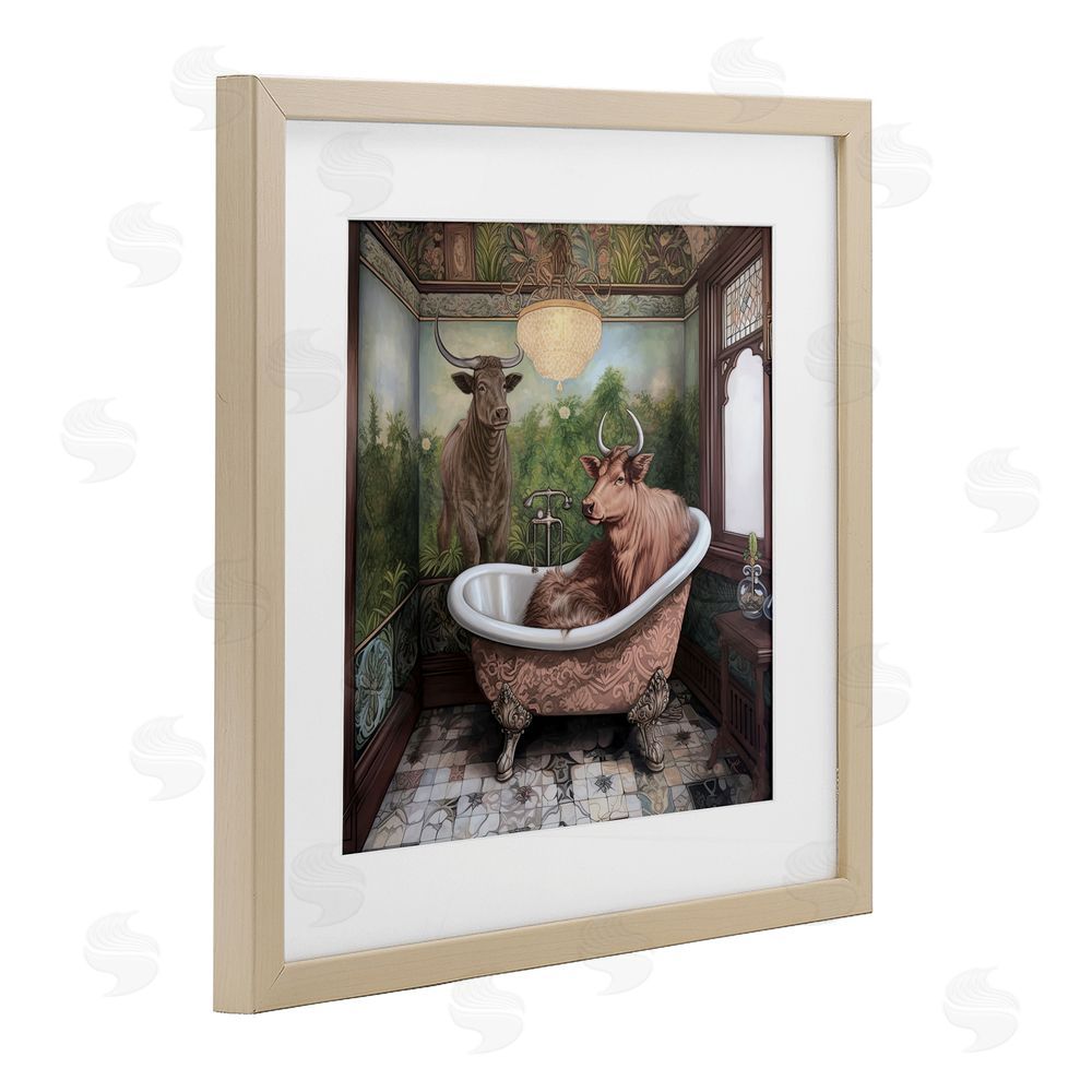 Sasha Longhorn Cattle Bath Time Tub Birch Framed Print Under Glass with White Mat Wall Art