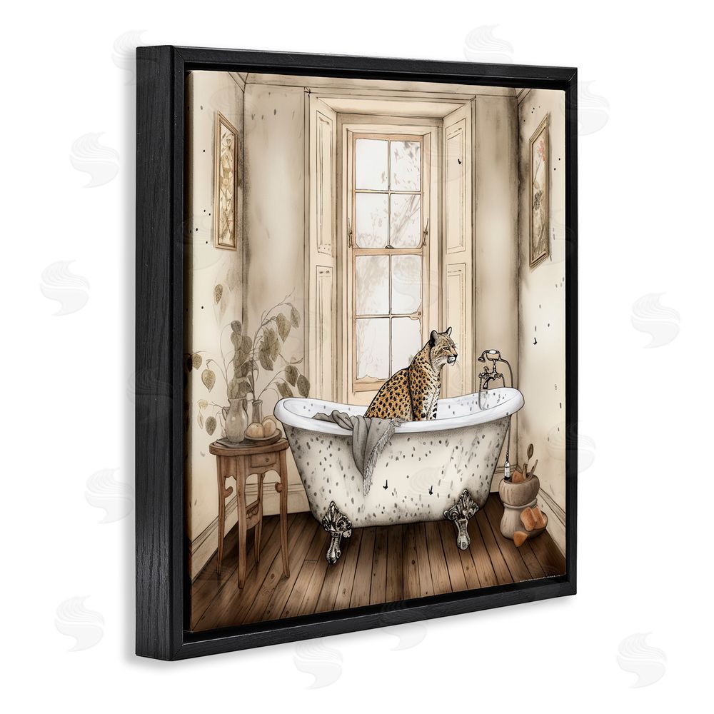Sasha Neutral Leopard Bathtime Black Floating Frame Canvas Wall Art Print