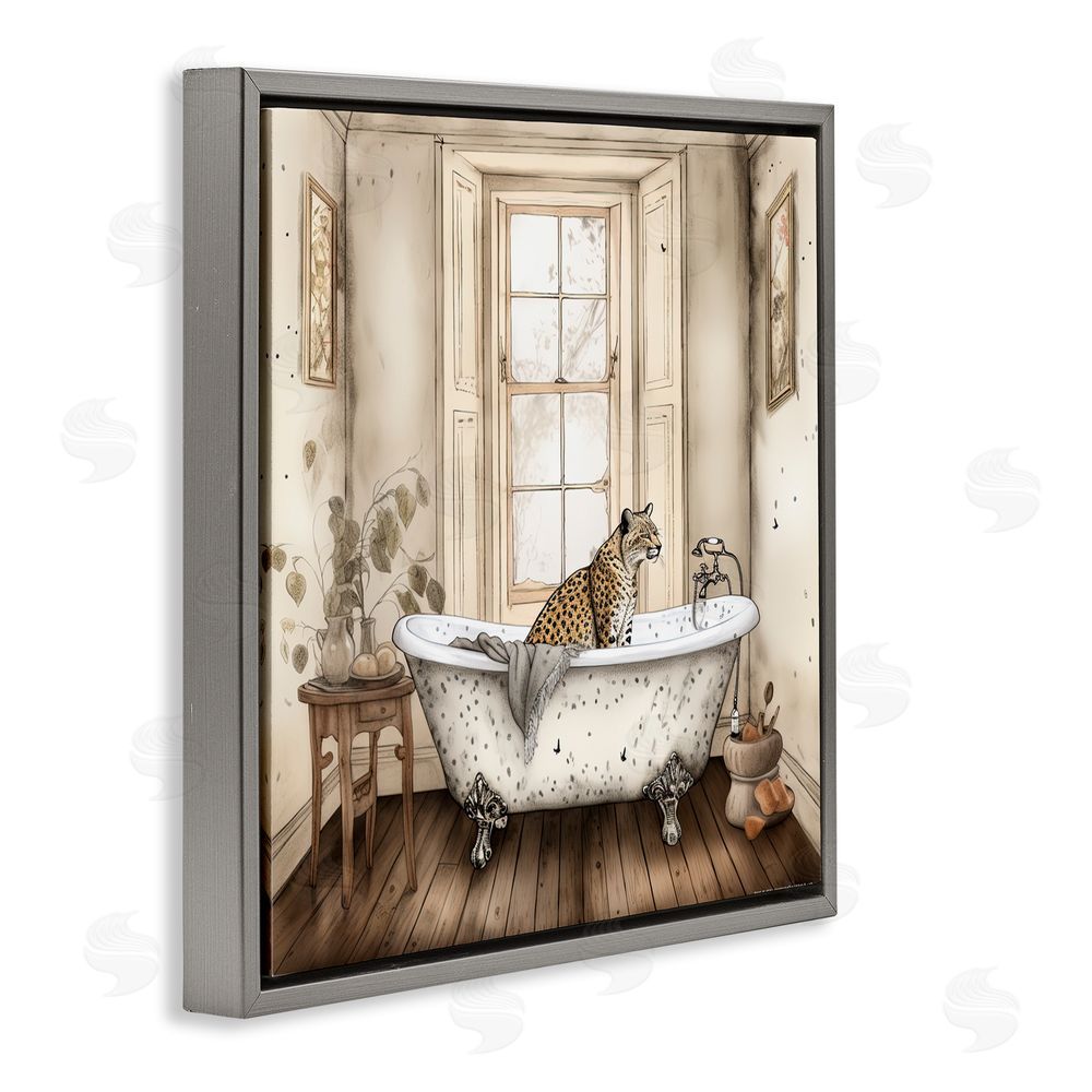 Sasha Neutral Leopard Bathtime Gray Floating Frame Canvas Wall Art Print