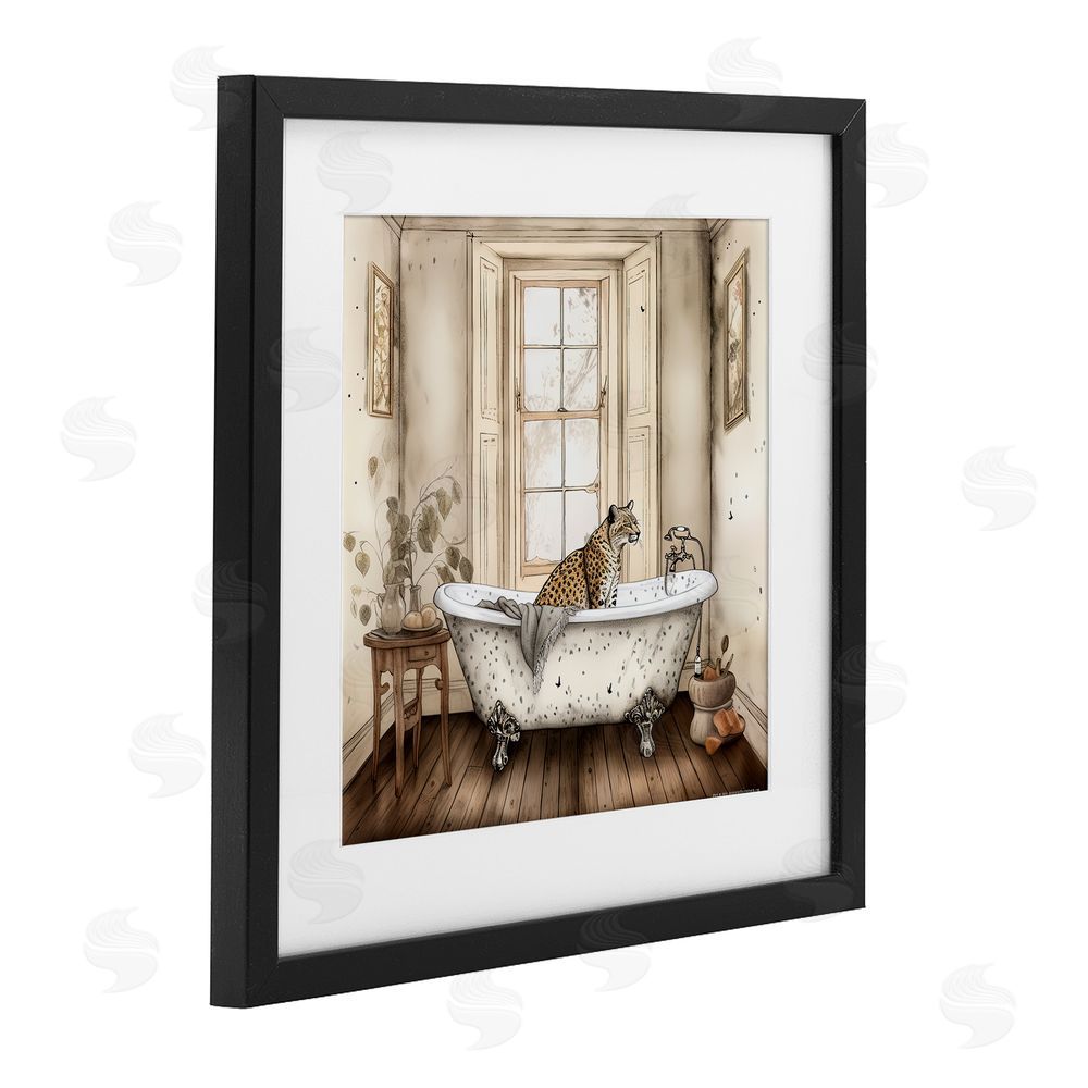 Sasha Neutral Leopard Bathtime Black Framed Print Under Glass Wall Art