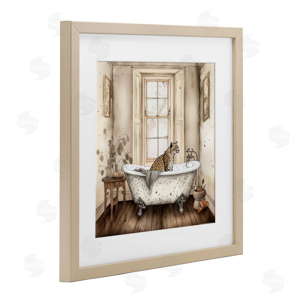 Sasha Neutral Leopard Bathtime Brown Framed Print Under Glass Wall Art