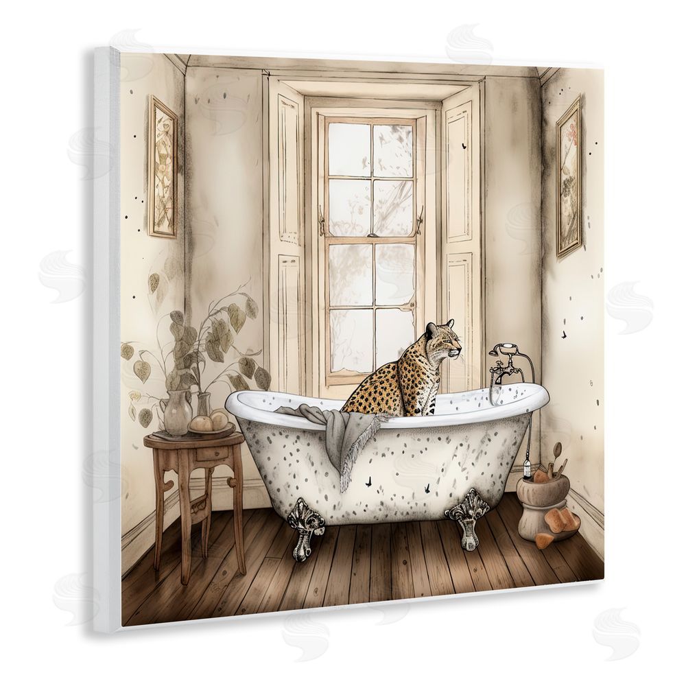 Sasha Neutral Leopard Bathtime Wooden Wall Plaque Art Print