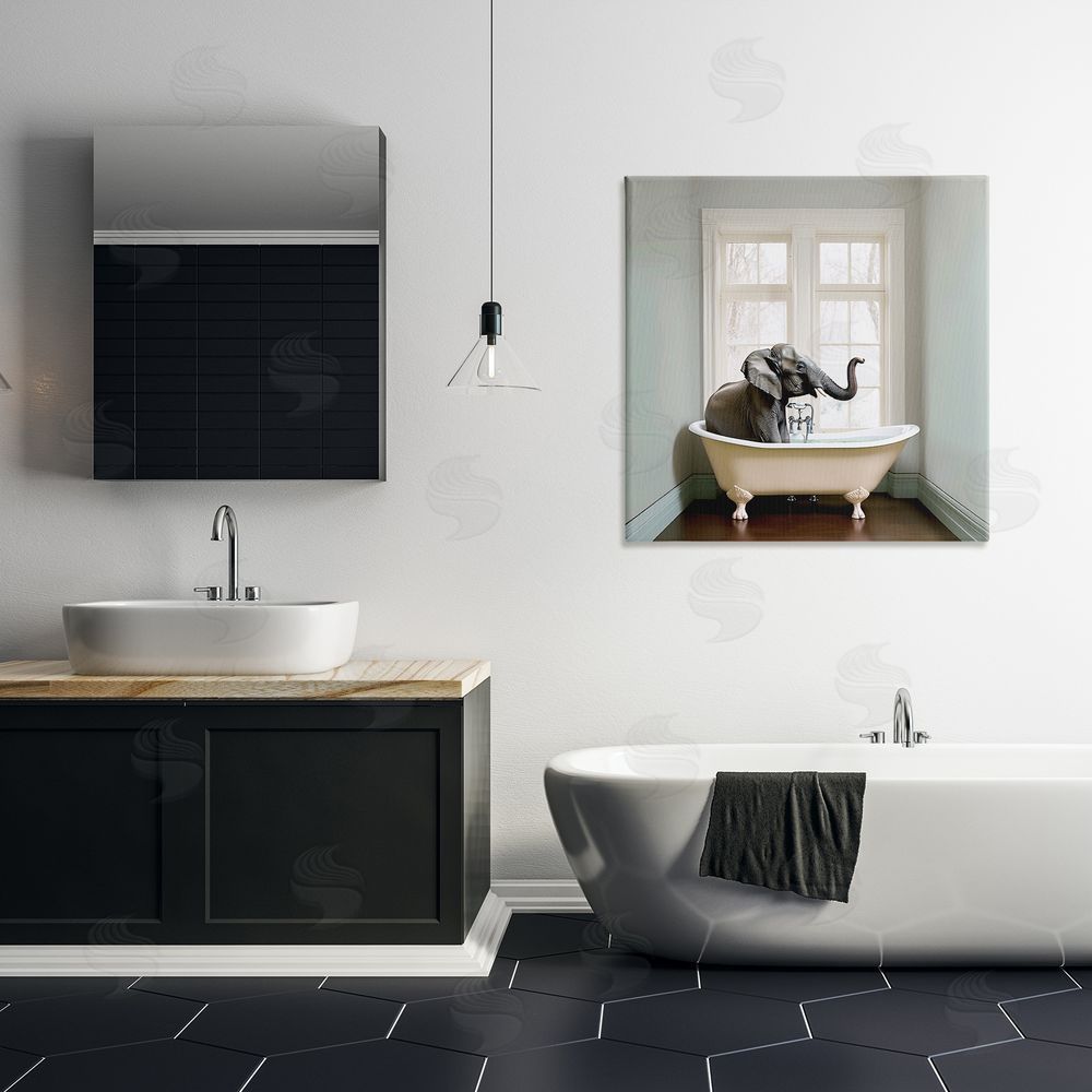 Sasha Minimal Elephant Bathtime Stretched Canvas Wall Art Print in Room
