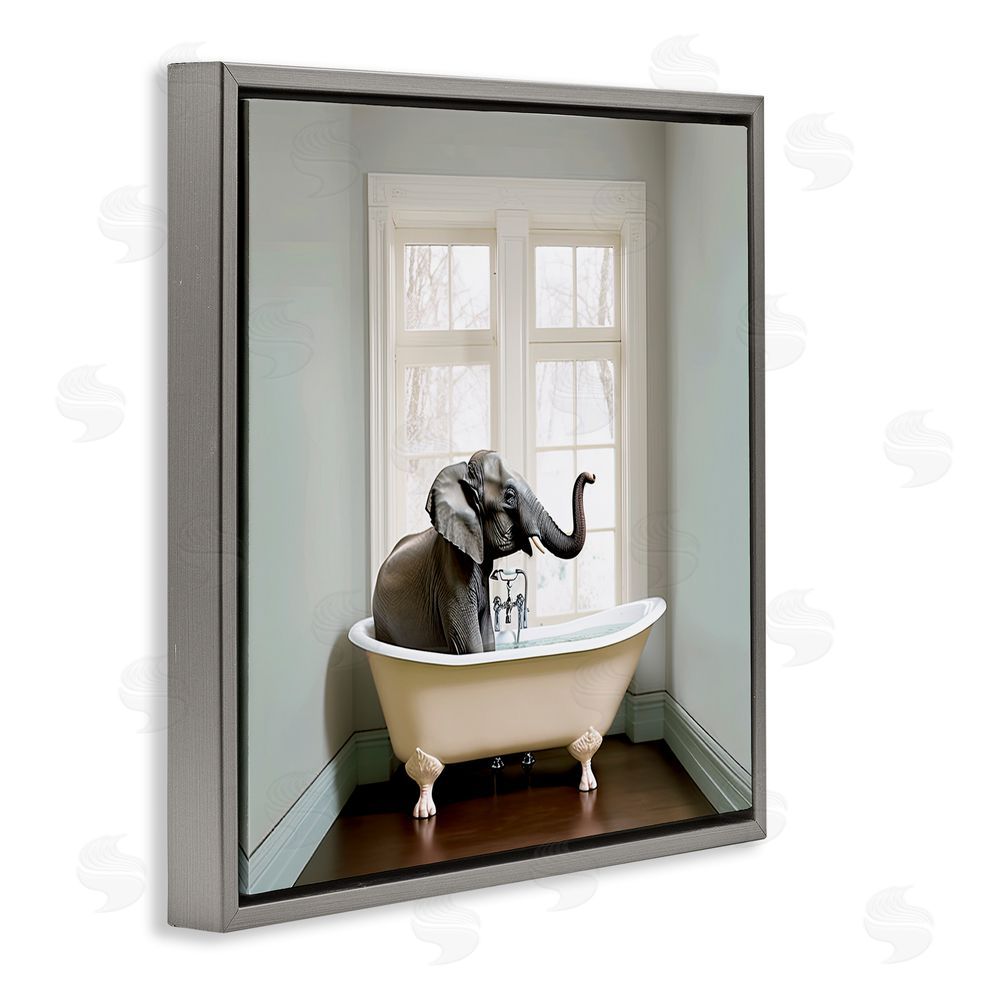 Sasha Minimal Elephant Bathtime Gray Floating Frame Canvas Wall Art Print