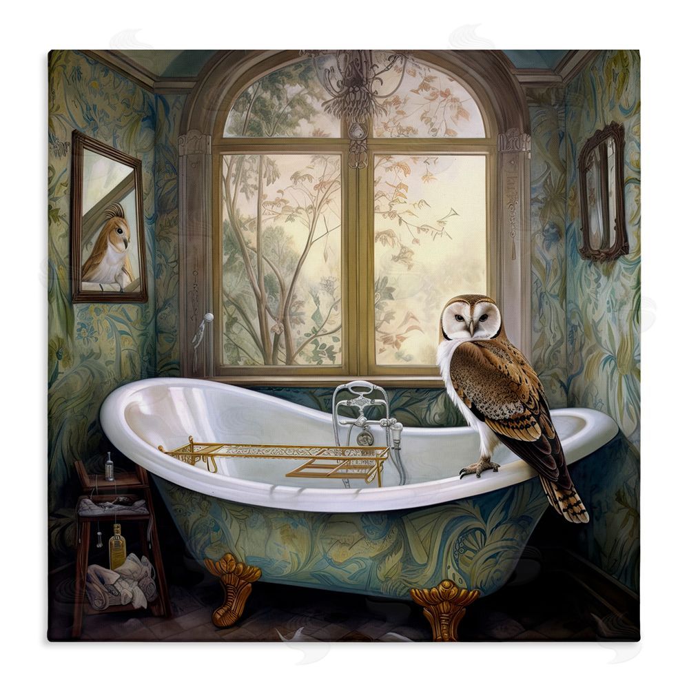 Sasha Paisley Patterned Owl Bathtime Stretched Canvas Wall Art Print