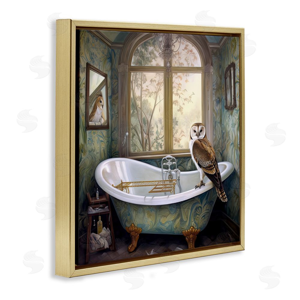 Sasha Paisley Patterned Owl Bathtime Gold Floating Frame Canvas Wall Art Print