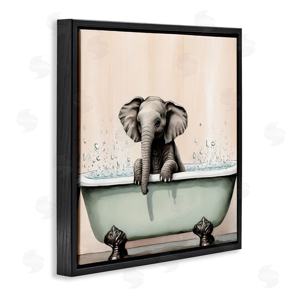 Sasha Baby Elephant Bathtime Black Floating Frame Canvas Wall Art Print