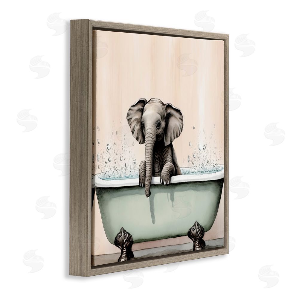 Sasha Baby Elephant Bathtime Brown Floating Frame Canvas Wall Art Print