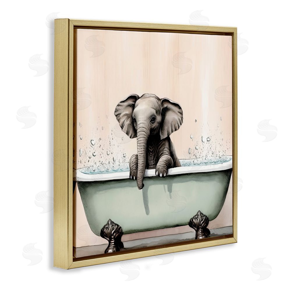 Sasha Baby Elephant Bathtime Gold Floating Frame Canvas Wall Art Print