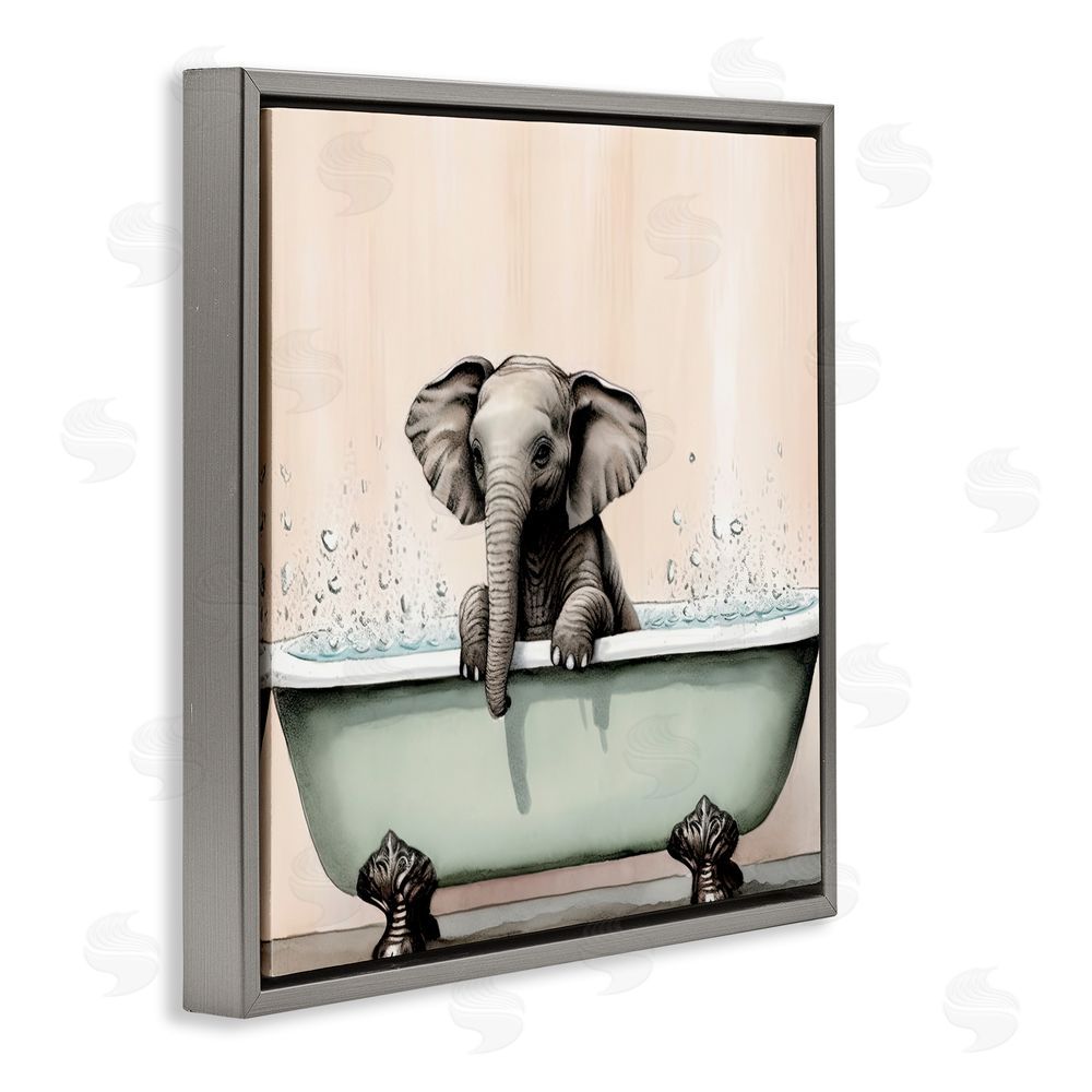 Sasha Baby Elephant Bathtime Gray Floating Frame Canvas Wall Art Print