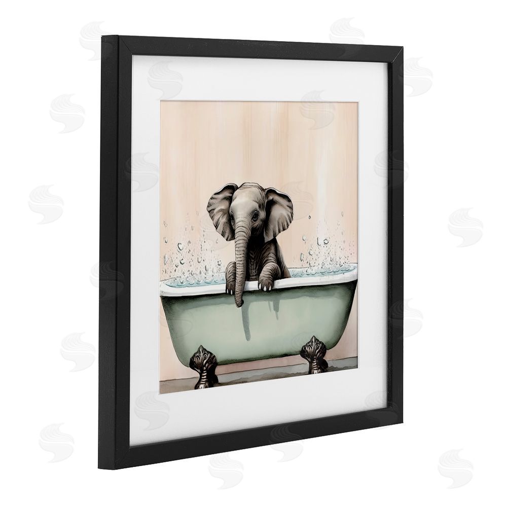 Sasha Baby Elephant Bathtime Black Framed Print Under Glass Wall Art