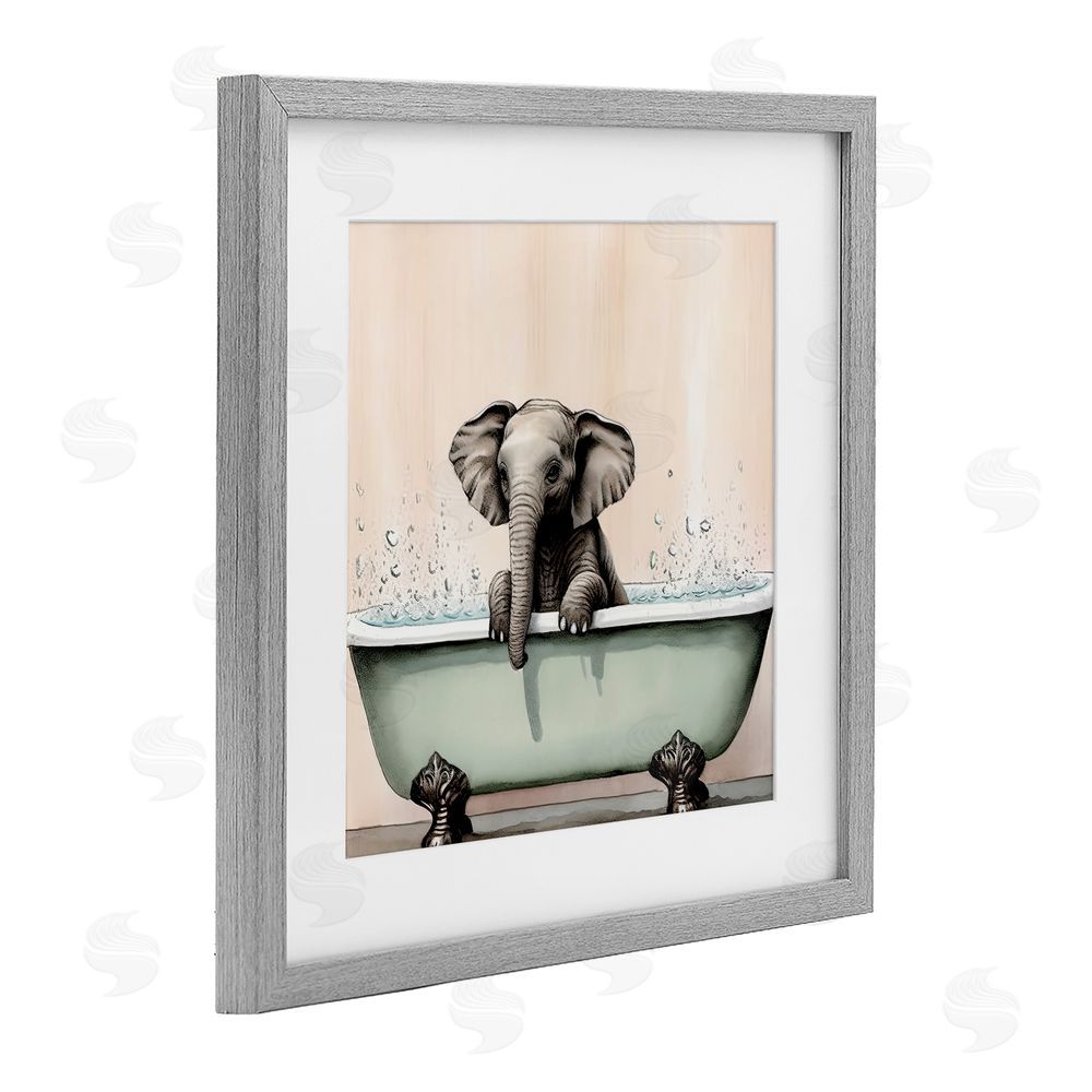Sasha Baby Elephant Bathtime Gray Framed Print Under Glass Wall Art
