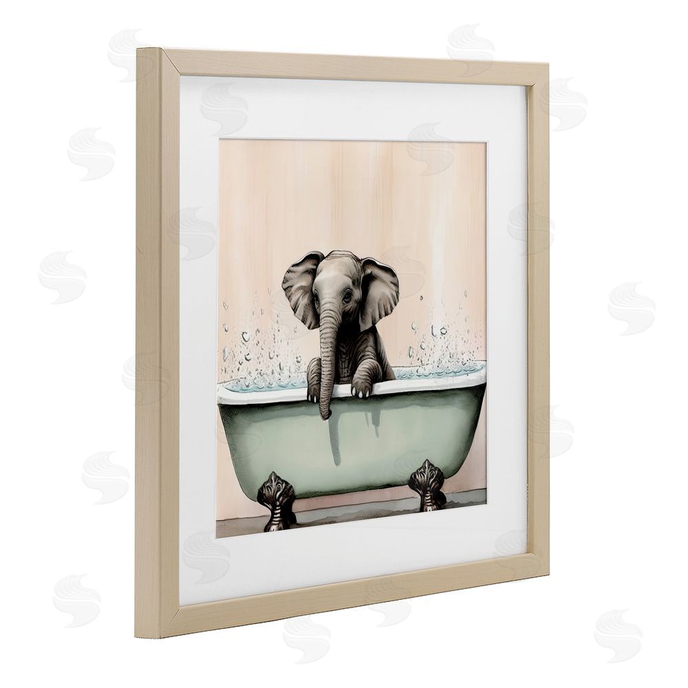 Sasha Baby Elephant Bathtime Brown Framed Print Under Glass Wall Art
