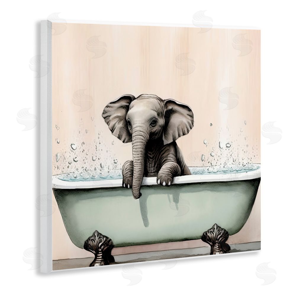 Sasha Baby Elephant Bathtime Wooden Wall Plaque Art Print
