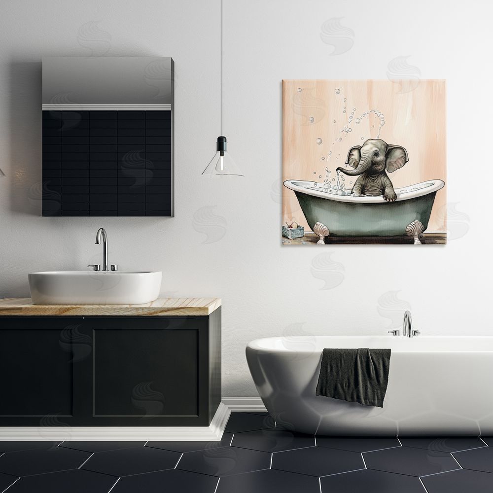 Sasha Baby Elephant Bubble Bath Stretched Canvas Wall Art Print in Room