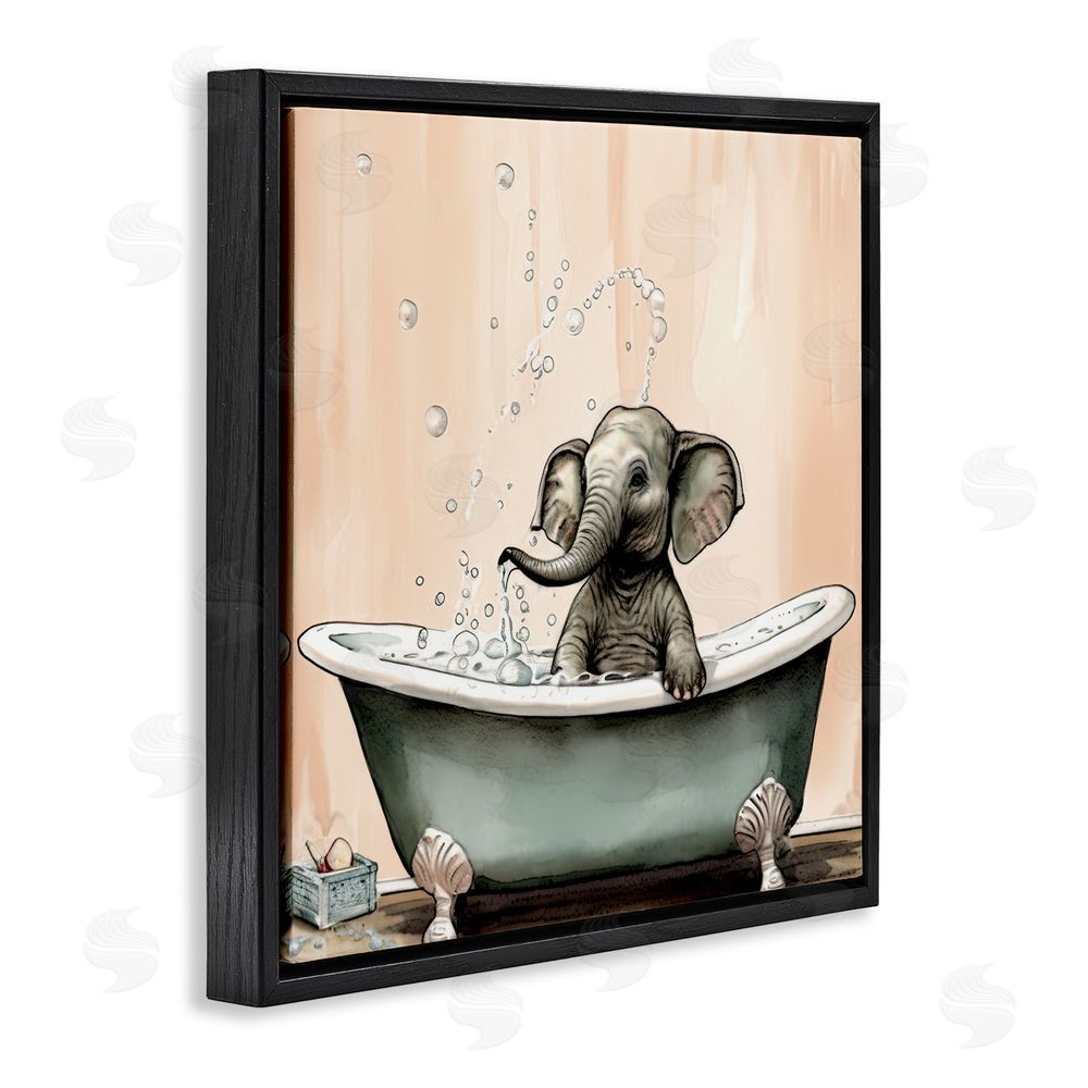Sasha Baby Elephant Bubble Bath Black Floating Frame Canvas Wall Art Print