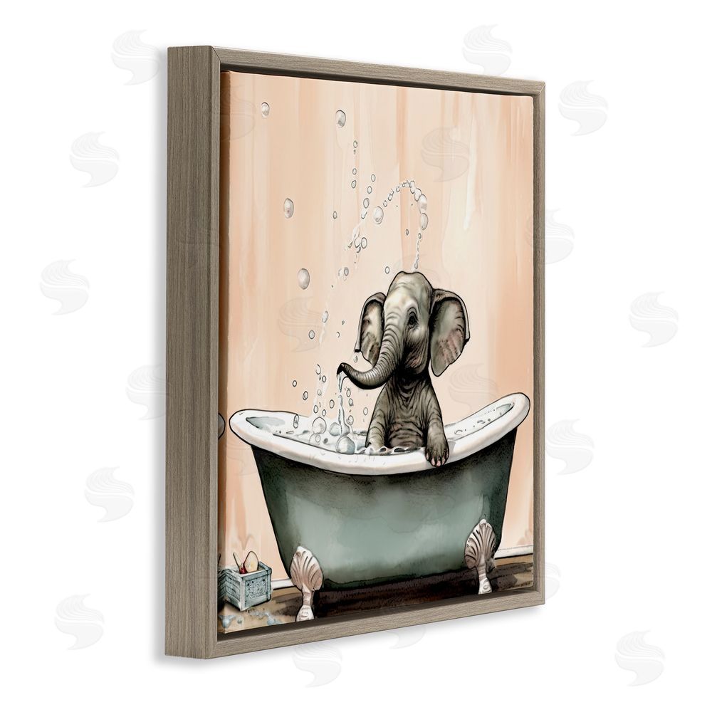 Sasha Baby Elephant Bubble Bath Brown Floating Frame Canvas Wall Art Print