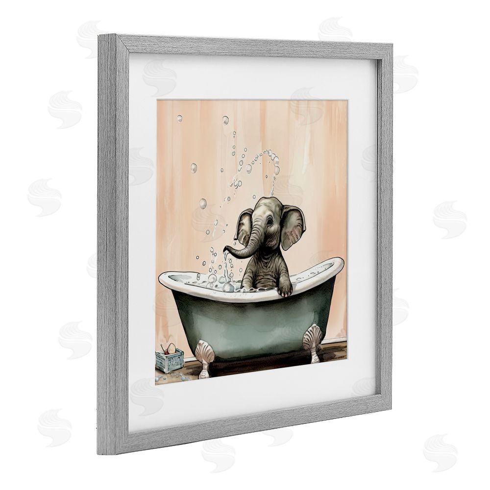 Sasha Baby Elephant Bubble Bath Gray Framed Print Under Glass Wall Art