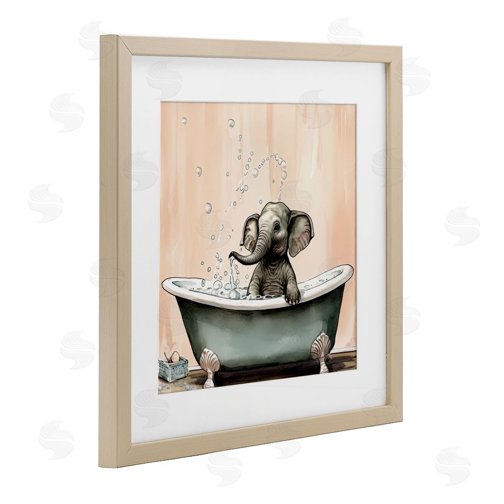 Sasha Baby Elephant Bubble Bath Brown Framed Print Under Glass Wall Art