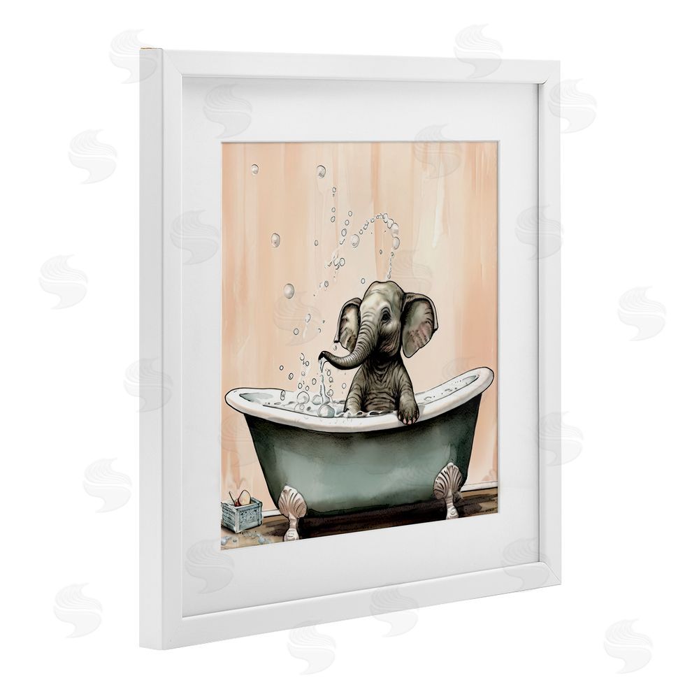 Sasha Baby Elephant Bubble Bath White Framed Print Under Glass Wall Art